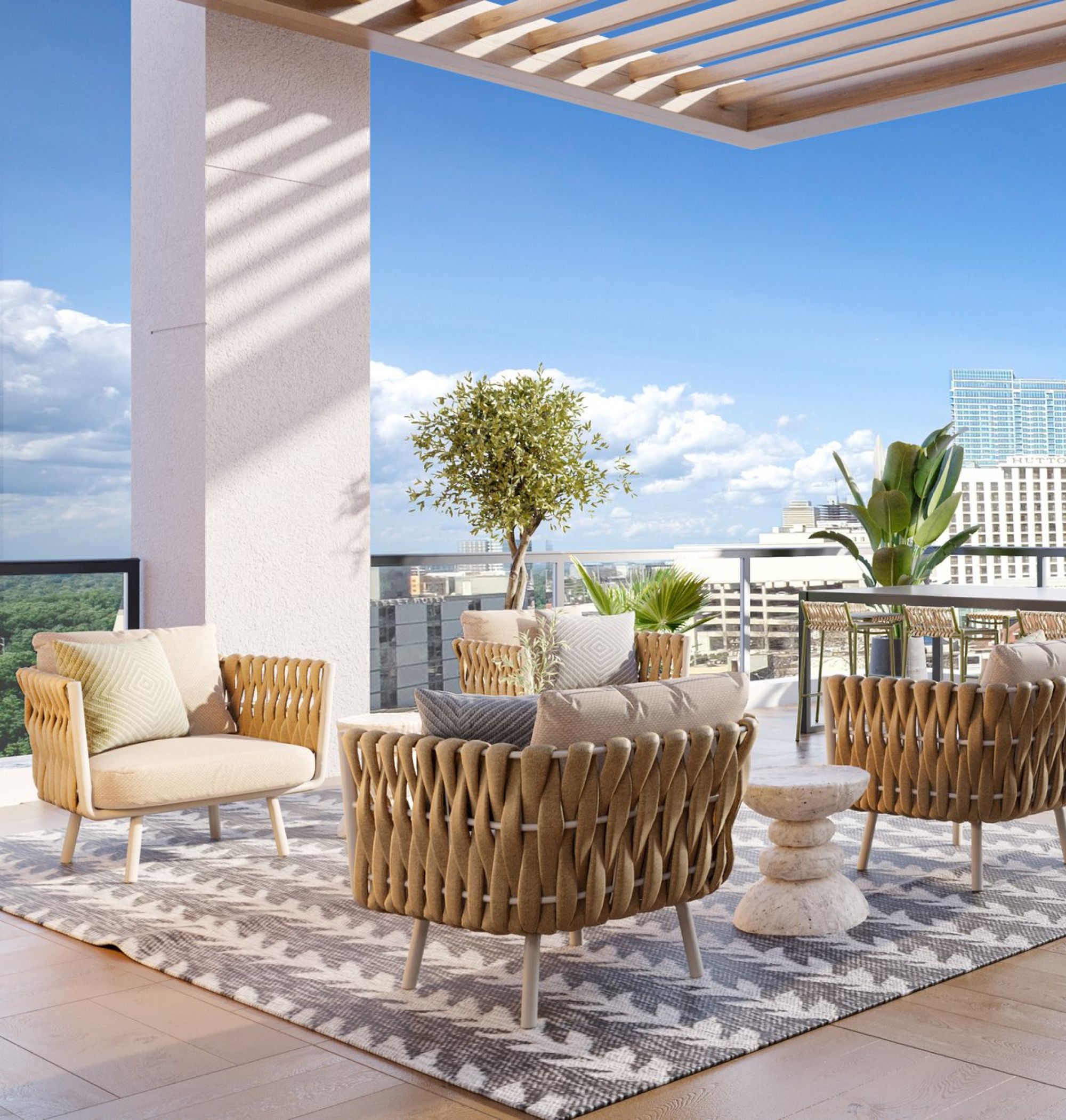 LOCAL Nashville apartments skydeck rendering with lounge chairs and downtown city views